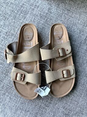 Beige Double Buckle Slide Sandals